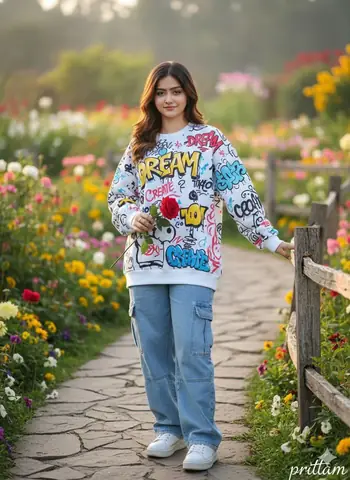 girl white graffiti sweatshirt garden - copy paste viral AI prompt