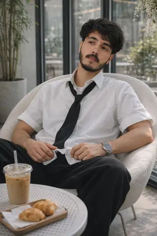 boy white shirt cafe - copy paste viral AI prompt