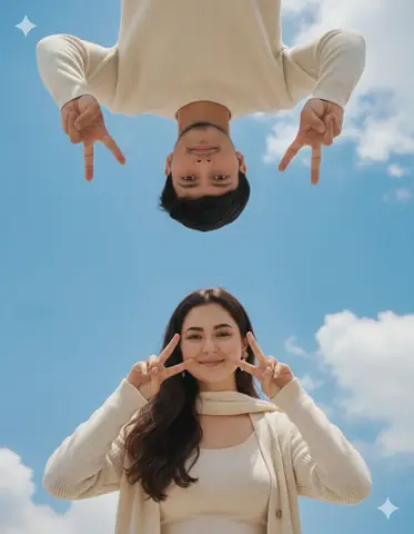 couple peace pose blue sky - copy paste viral AI prompt