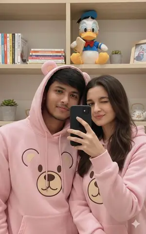 couple pink bear hoodie selfie - copy paste viral AI prompt
