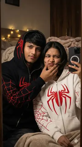 couple mirror selfie spider hoodies - copy paste viral AI prompt