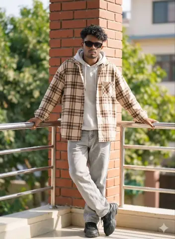 Beige Plaid Boy Balcony - copy paste viral AI prompt
