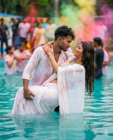 Holi Couple Pool Romance - copy paste viral AI prompt
