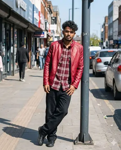 Crimson Boy City Sidewalk - copy paste viral AI prompt