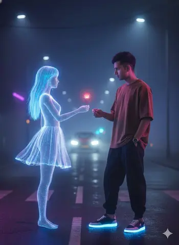 Handsome Boy Faces Glowing Holographic Girl Couple Gemini Prompt - copy paste on Gemini AI