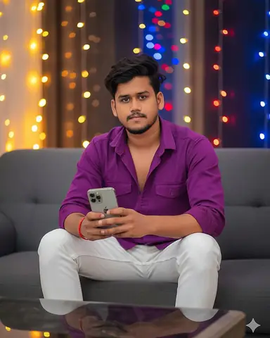 Stylish young man sofa colorful lights gemini prompt - copy paste on Gemini AI