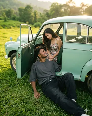 Indian couple vintage car romantic gemini prompt - copy paste on Gemini AI