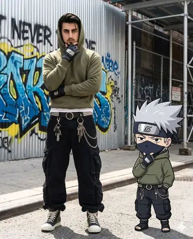Urban alley man and chibi Kakashi Hatake gemini prompt - copy paste on Gemini AI