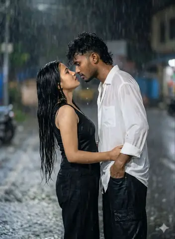 Romantic couple heavy rain kiss gemini prompt - copy paste on Gemini AI