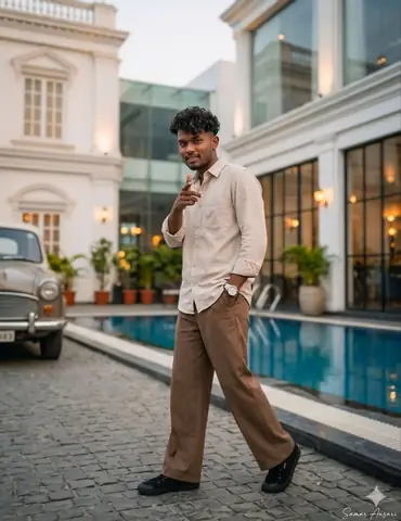 Young Man Standing Poolside Urban gemini prompt - copy paste on Gemini AI