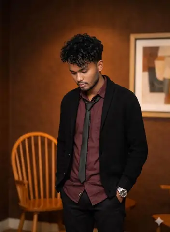 Young Boy Black Cardigan Gemini Prompt - copy paste on Gemini AI
