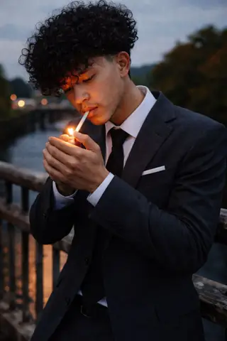 Viral Boy Ignites Cigarette on Twilight Bridge Gemini Prompt - copy paste viral AI prompt
