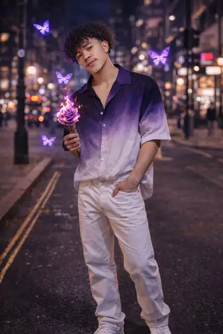 Viral Handsome Boy Purple Fire Rose Gemini Prompt - copy paste viral AI prompt