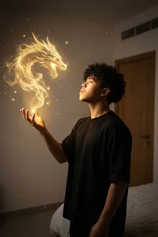 Viral Boy Extends Hand to Magical Creature in Bedroom Gemini Prompt - copy paste viral AI prompt