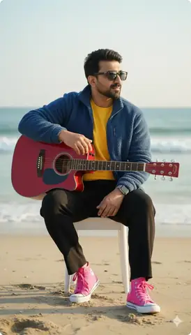 Boy on beach playing guitar - copy paste viral AI prompt