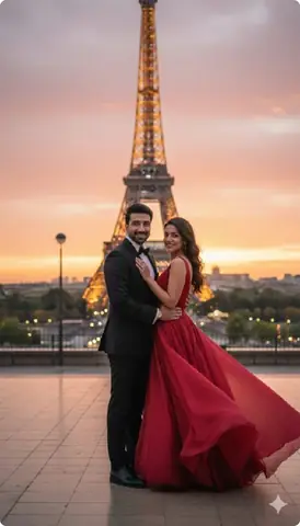 Couple photoshoot in front of eiffel tower - copy paste viral AI prompt