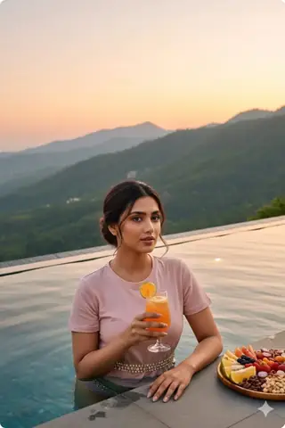 Girl in pool drinking juice in mountains - copy paste viral AI prompt