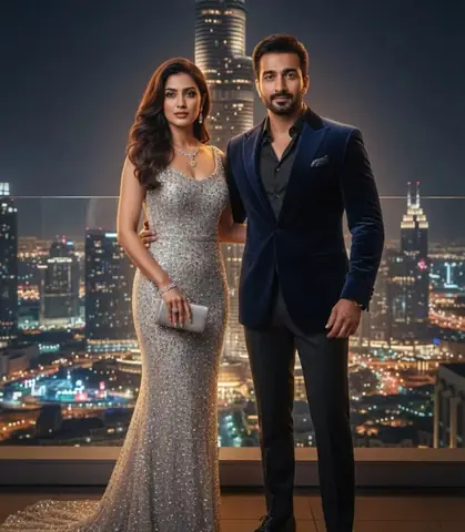 couple in front of burj khalifa dressed for a party - copy paste viral AI prompt