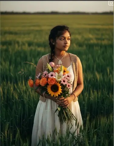 Girl in field full of grass holding a bouquet - copy paste viral AI prompt