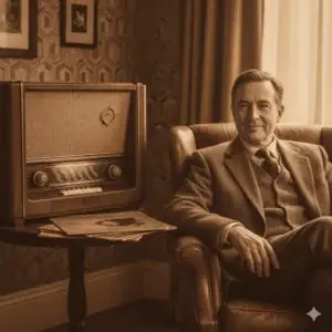 Vintage 1950s Brown Tone Portrait With Radio - copy paste viral AI prompt