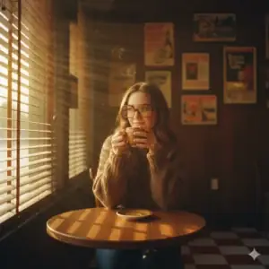 1970s Café Inspired Cozy Portrait With Soft Focus - copy paste viral AI prompt