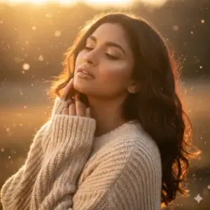 Cinematic Winter Portrait of an Indian Woman in Golden Sunset Light - copy paste viral AI prompt