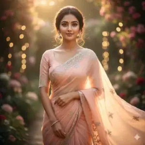 Soft Aesthetic Indian Woman Portrait in Peach Chiffon Saree - copy paste viral AI prompt