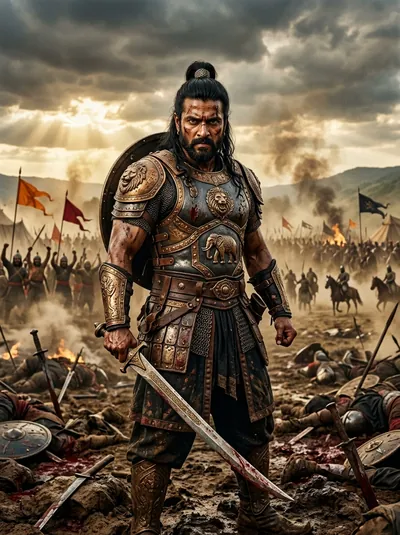 Ancient Indian Battlefield Epic Warrior Portrait - copy paste viral AI prompt