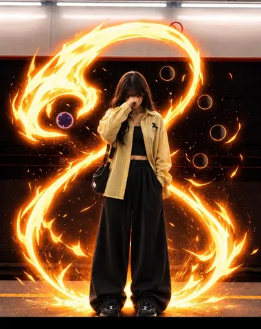Anime Girl in Subway with Fiery Energy Ring - Midjourney copy paste AI prompt example for cinematic, dark