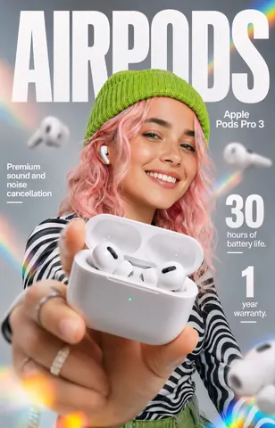 Apple Pods Pro 3 Wireless Earbuds Infographic - AI copy paste AI prompt example for black-and-white, infographic