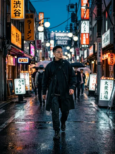 Blue Hour Tokyo Street Portrait – Rain Bokeh & Neon Reflections AI Prompt for Gemini
