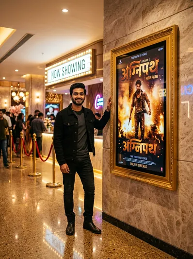 Bollywood Cinema Hall Premiere Portrait – Standing Beside Movie Poster AI Prompt for Gemini