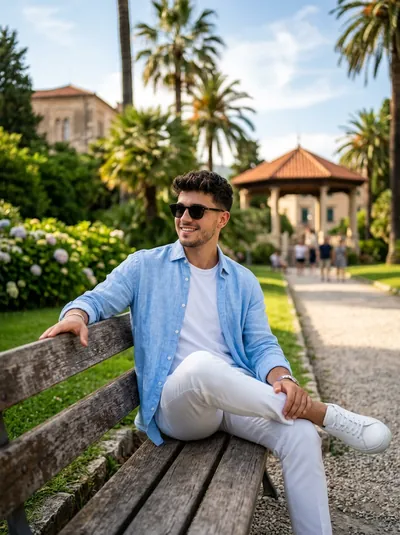 Boys Outdoor Aesthetic Park Bench Portrait - copy paste viral AI prompt