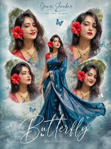 Butterfly Themed Collage Poster of Young Woman - AI copy paste AI prompt example for aesthetic, portrait
