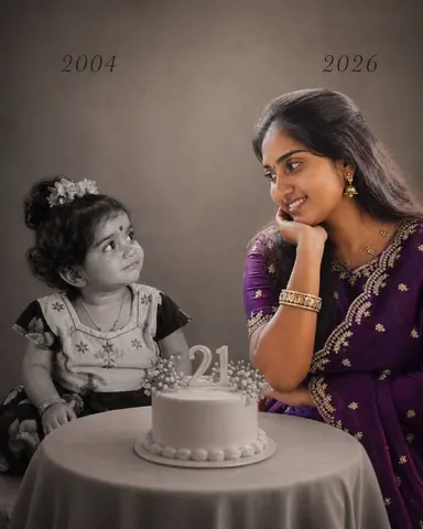 Child and Adult Self Portrait with Birthday Cake - Stable Diffusion copy paste AI prompt example for black-and-white, birthday