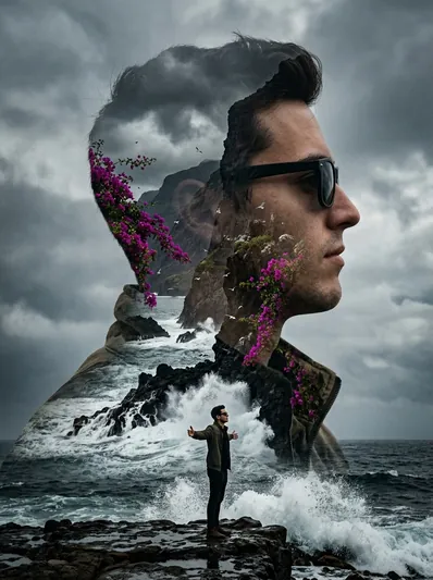 Cinematic Coastal Double Exposure Art Portrait AI Prompt for Gemini