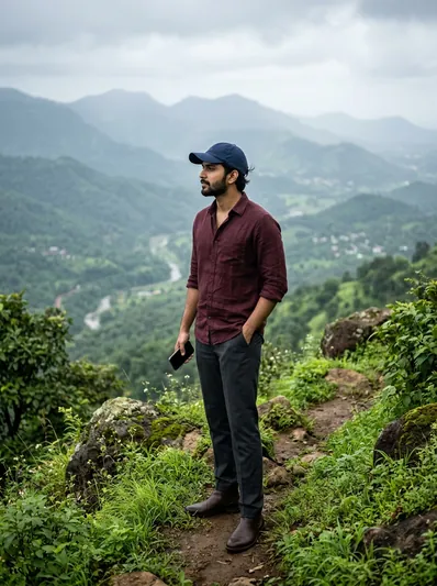 Cinematic Scenic Hillside Outdoor Portrait – Monsoon Greens AI Prompt for Gemini