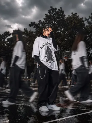 Cinematic Streetwear Photoshoot of Young Woman - AI copy paste AI prompt example for fashion, dark