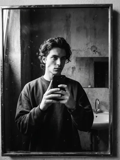 Cinematic Low-Key Noir Mirror Selfie Portrait - copy paste viral AI prompt