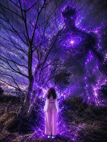 Cosmic Galaxy Entity Behind Lone Girl - Midjourney copy paste AI prompt example for black-and-white, cinematic
