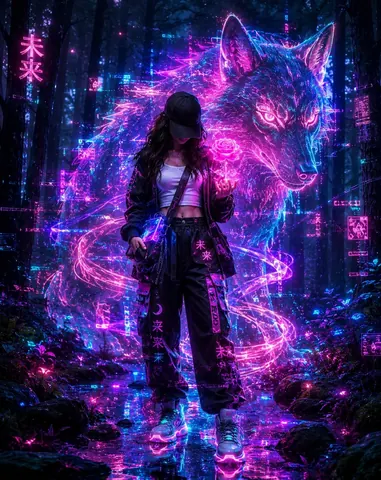 Cyberpunk Girl with Holographic Flower - AI copy paste AI prompt example for cyberpunk, fantasy