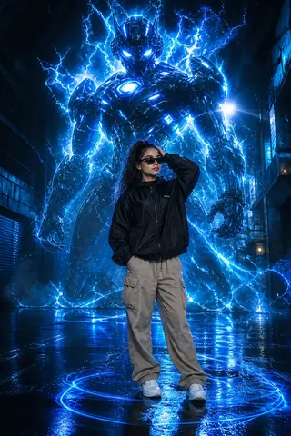 Cyberpunk Woman and Robot in Dark Alley - AI copy paste AI prompt example for cinematic, city