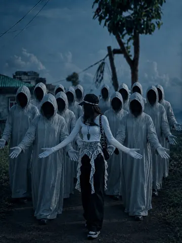 Dark Fantasy Scene with Girl and Ghostly Followers - AI copy paste AI prompt example for couples, cinematic