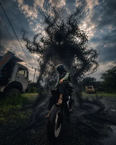 Dark Fantasy Scene with Stylish Girl on Bike - AI copy paste AI prompt example for dark, cinematic