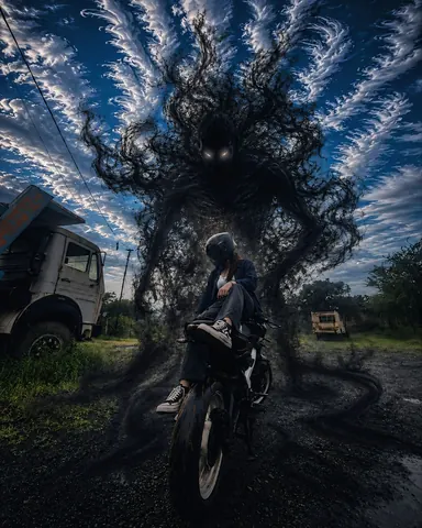 Dark Fantasy Girl on Bike with Shadow Monster - AI copy paste AI prompt example for black-and-white, dark