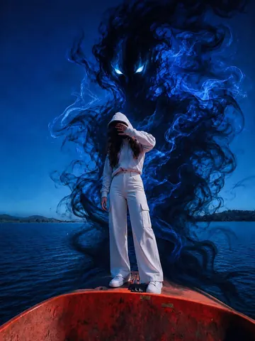 Dark Fantasy Girl on Red Boat - Midjourney copy paste AI prompt example for dark, cinematic
