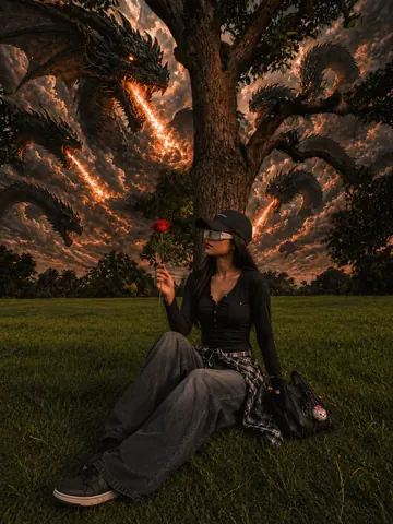 Dark Fantasy Girl Under Tree With Dragons - AI copy paste AI prompt example for dark, cinematic