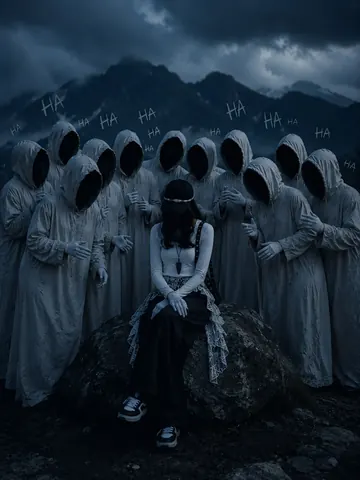 Dark Fantasy Girl Walking Alone on Stormy Mountain Road - AI copy paste AI prompt example for couples, black-and-white