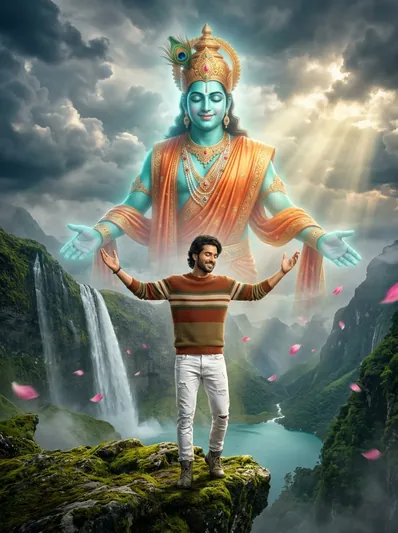 Divine Echo – Young Devotee & Colossal Ethereal Lord Krishna at Waterfall AI Prompt for Gemini