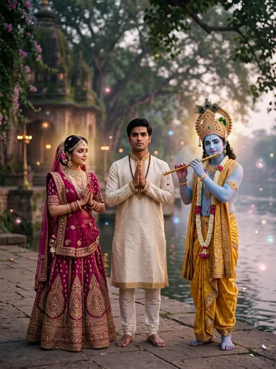 Divine Radha Krishna Vrindavan Spiritual Cyber-Glow Portrait AI Prompt for Gemini